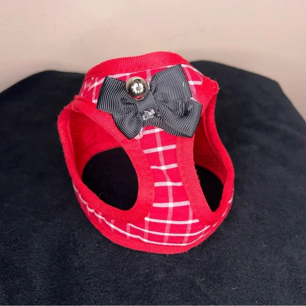 Small Cat Harness Red White Plaid Black Bow For Leash Walking